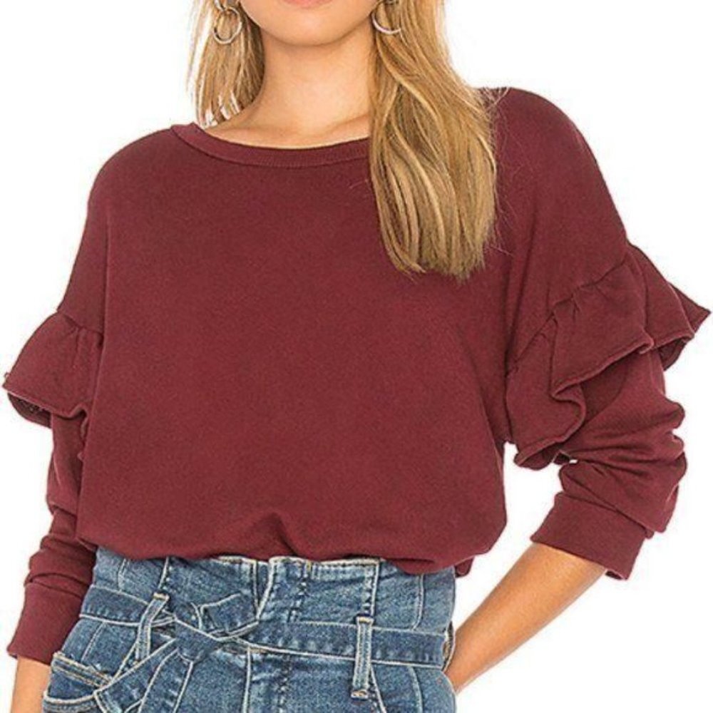 CURRENT ELLIOT Burgundy Ruffled‎ Sleeve Sweatshirt Comfy Lightweight Size M NWOT